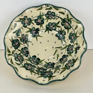 Fluted Ruffled Edge Hand Painted Pottery Serving Bowl